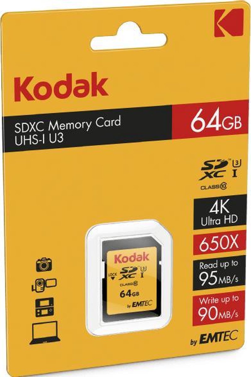 Kodak SDXC 64GB Class10 U3 flashgeheugen Klasse 10 UHS-I
