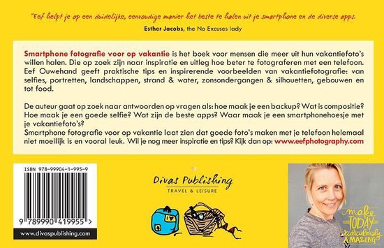 Achterkant van het boek 'Smartphone fotografie voor op vakantie' met een quote, ISBN, Divas Publishing logo en een foto van een lachende blonde vrouw.