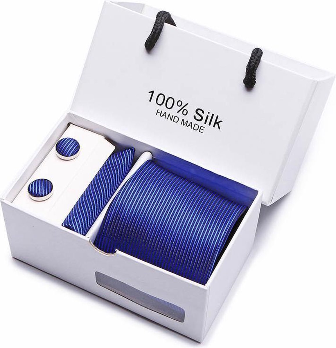 Luxe 3-delige Set Stropdas, Zakdoek en Manchetknopen - Donkerblauw