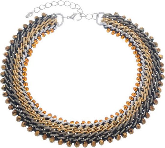 “Korte ketting metaal 38cm + verlengketting, bewerkt met facet stenen en koord” – Geen edelsteen – Geen diamant – Vrouwen – Statement ketting -…