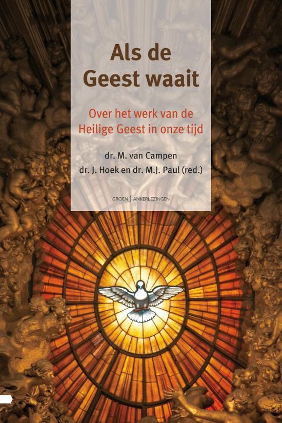 Boekcover 'Als de Geest waait' met een duif in een glas-in-loodraam.