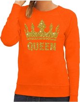 Oranje Queen gouden glitter kroon sweater / trui dames - Oranje Koningsdag/ supporter kleding S