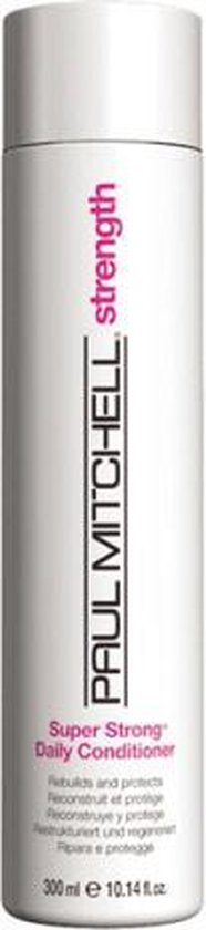 Witte fles Paul Mitchell Super Strong Daily Conditioner 300 ml met roze tekst.