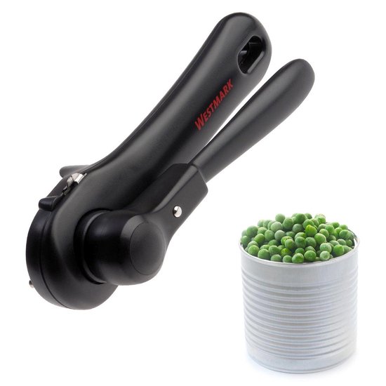 Ouvre-boîte Westmark noir avec texte rouge à côté d'une boîte de petits pois.