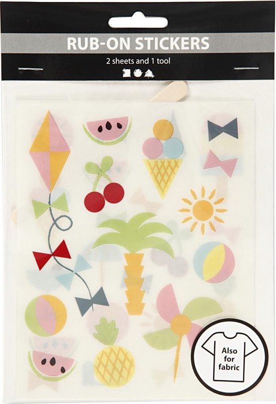 Rub-On Stickers – Transfer Stickers – Wrijfstickers – Papier – Textiel – Vakantie – Zomer – Ijsjes – Meloen – Zon – Vrolijk – Pasteltinten – 2 Velletjes Met 20 Sickers