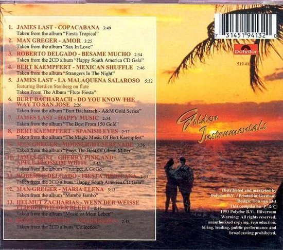 Achterkant van het album 'Golden Instrumentals' met tracklijst en afbeelding van een koppel op strand.