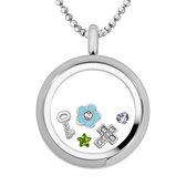 Quiges Memory Medaillon RVS 30mm met Ketting 90cm en 5 Floating Charms - CLS006