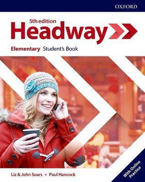 Headway Elementary Student's Book, 5th editie, met een vrouw met een muts en winterjas die een koffiebeker vasthoudt.