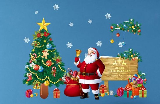 Muursticker Kerstmis - Kerstman met kerstboom - 30x90 cm | bol.com