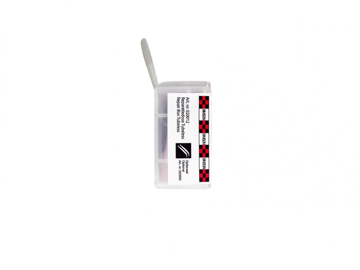Simson Tubeless reparatiedoos rood met pleisters, blauwe solutie en montagevloeistof voor fietsbanden thumbnail 7