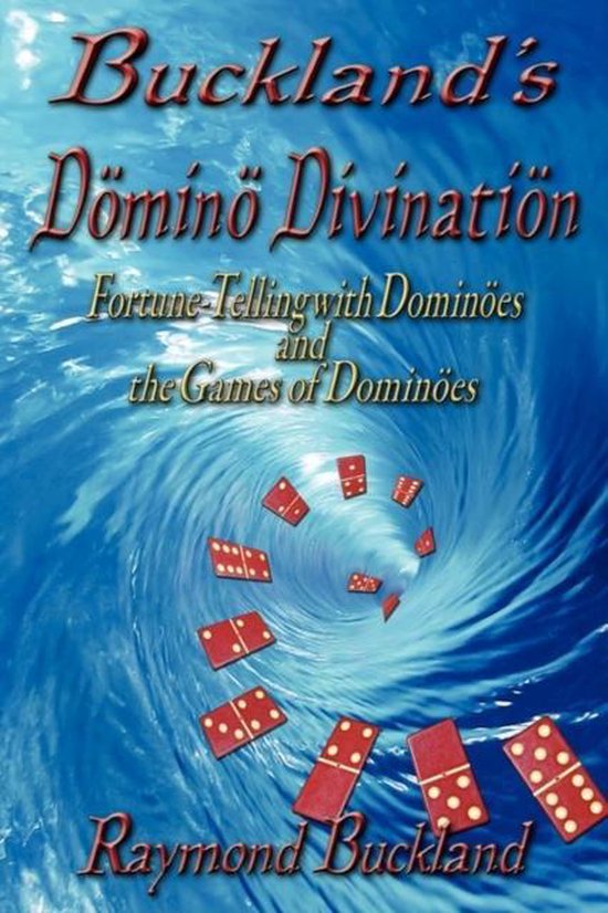 Boek 'Buckland's Domino Divination' met rode dominostenen die een draaikolk in een blauwe oceaan in draaien.