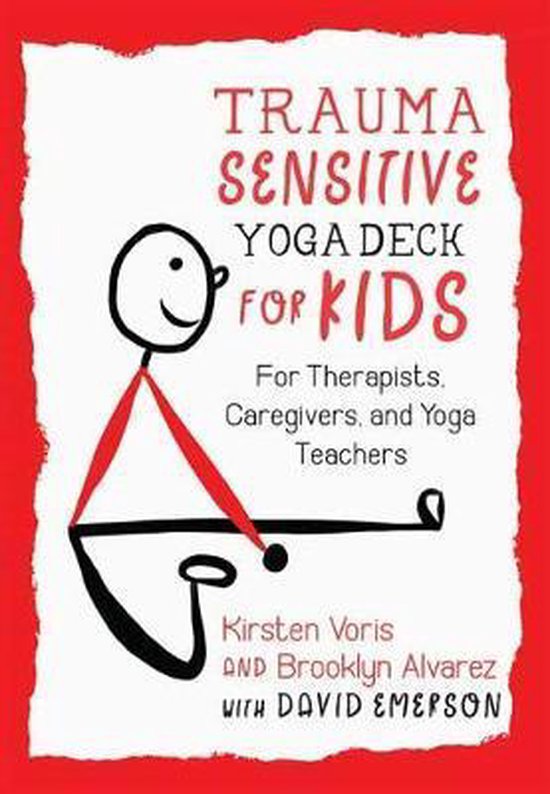 Boekomslag: 'Trauma Sensitive Yoga Deck for Kids'. Rode rand met witte achtergrond. Getekend figuurtje in yogahouding.