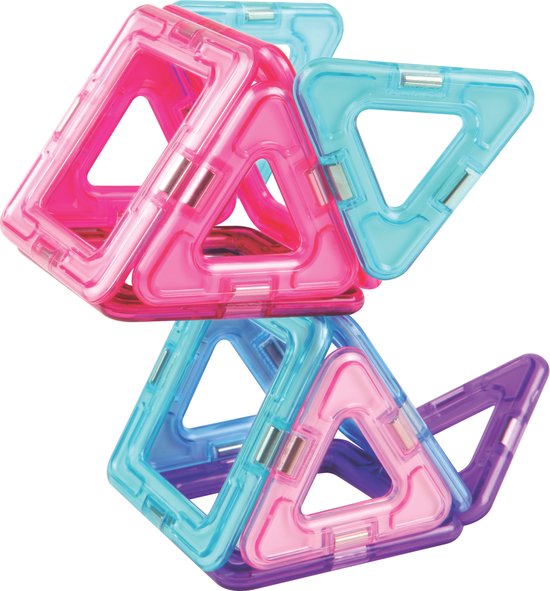 Twee torens van roze, paarse en blauwe Magformers driehoeken en vierkanten.