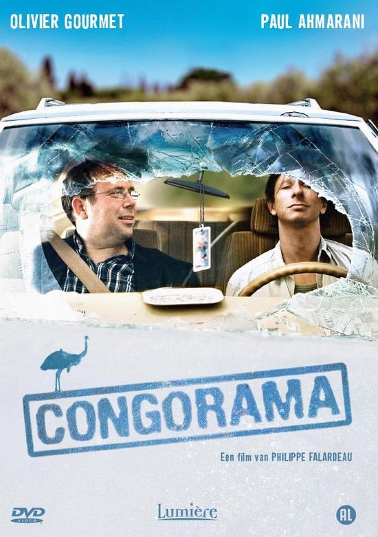 Film "Congorama" poster met Olivier Gourmet en Paul Ahmarani in een auto met gebarsten voorruit. De titel "Congorama" staat centraal.