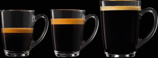 Drie glazen mokjes met espresso, dubbele espresso en koffie van klein naar groot.