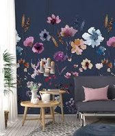 Behang poster Colorful Florals en retro meadow love blue