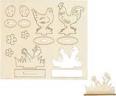 DIY Houten figuren, kippen en bloemen, l: 15,5 cm, b: 17 cm, triplex, dikte 3 mm