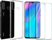 Hoesje Geschikt voor: Huawei P30 Lite (New Edition & 2020 ) Transparant TPU Siliconen Soft Case + 2X Tempered Glass Screenprotector
