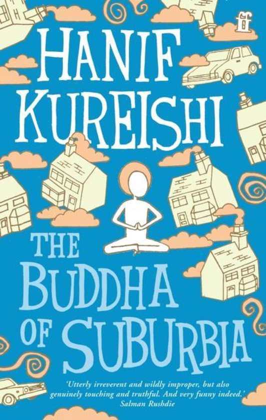 Boekcover met de titel 'The Buddha of Suburbia' van Hanif Kureishi. Een gestileerde figuur zit in meditatie omringd door huizen en auto's.