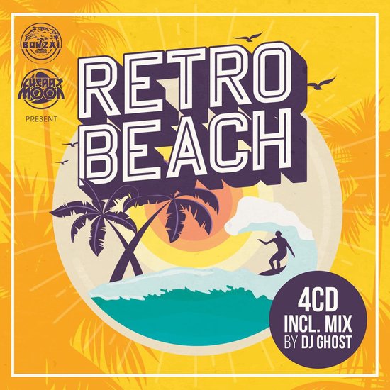 CD hoes met de tekst "Retro Beach" en een illustratie van een strandscène met palmbomen, golven en een surfer. 4CD incl. mix by DJ Ghost.