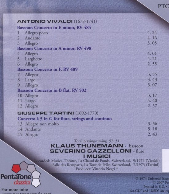 Bassoon Concertos/Flute Concerto, Klaus Thunemann CD (album) Muziek