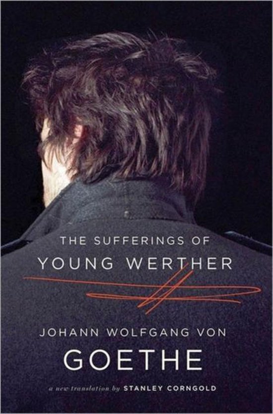Boek "The Sufferings of Young Werther" van Johann Wolfgang von Goethe, nieuwe vertaling Stanley Corngold. Zwart-wit, focus op achterkant van hoofd met tekst.