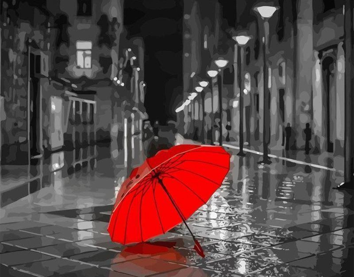 getuige luister Moet Schilderen op nummer – Zwart Wit, Zwart Witte Straat – Paraplu – Rode  Paraplu - 40x50 cm | bol.com
