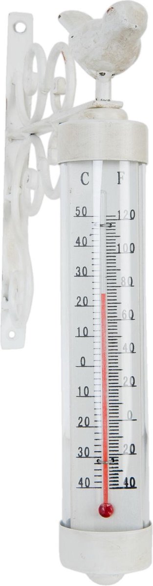 Clayre & Eef Thermomètre extérieur 19x4x29 cm Blanc Fer Rond Oiseau