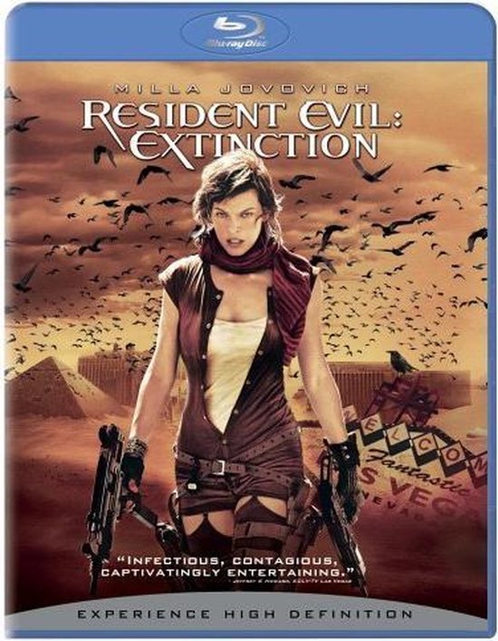 Blu-ray hoes. Milla Jovovich als Alice, met pistolen, in een post-apocalyptisch Las Vegas, met vele vogels.
