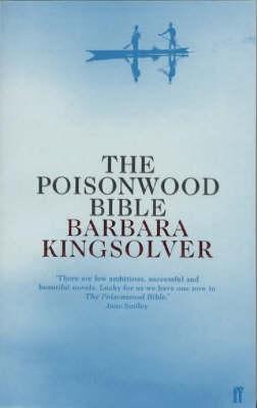 Boek kaft met titel "The Poisonwood Bible" door Barbara Kingsolver. Silhouet van twee personen in een kano op water.
