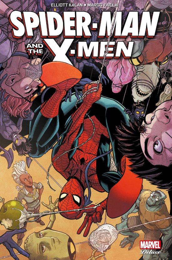 Spider-Man suspendu à sa toile, entouré par les X-Men et d'autres personnages Marvel.