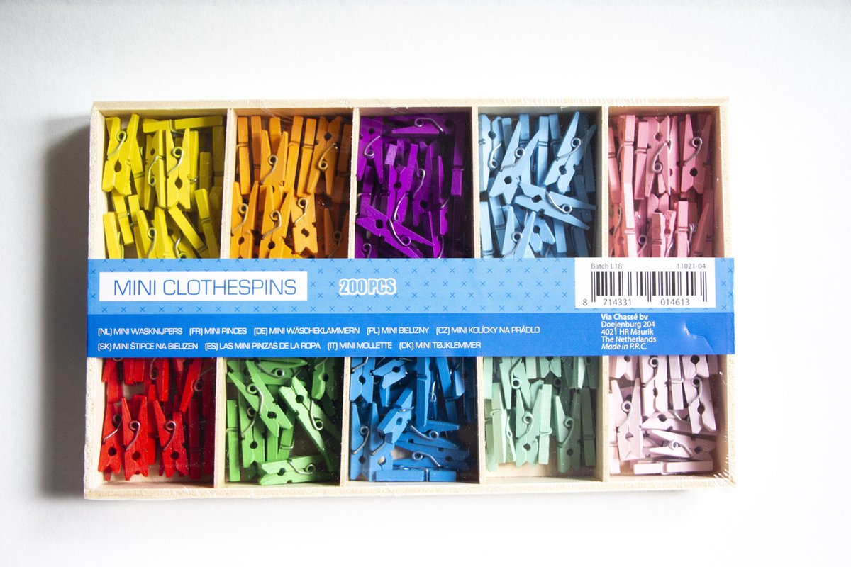 Mini pinces à linge - Pinces à linge en bois - 200 pièces - 10 couleurs
