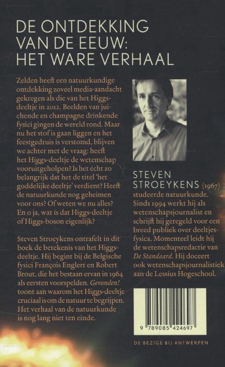 Achterkant van een boek met een portret van Steven Stroeykens, tekst over de ontdekking van het Higgsdeeltje en een barcode.