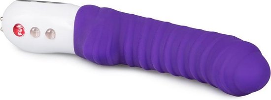 Paarse vibrator met geribbelde textuur en witte bedieningsknop.
