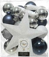 33x Blauw/wit/zilveren kunststof kerstballen 5-6-8 cm - Mix - Onbreekbare plastic kerstballen