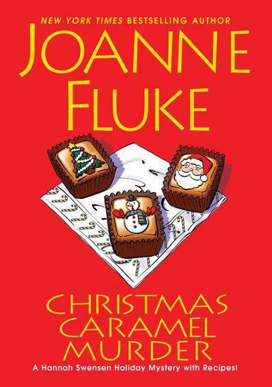Couverture du livre "Christmas Caramel Murder" par Joanne Fluke avec 3 biscuits au chocolat : sapin de Noël, bonhomme de neige et Père Noël.