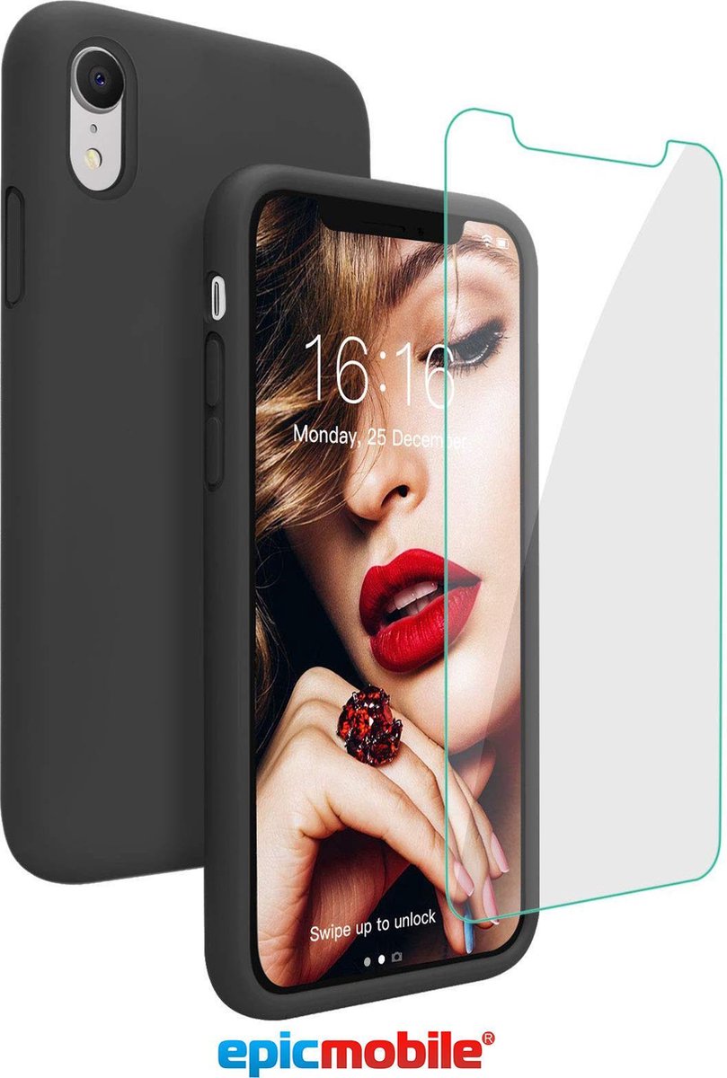 Hoesje geschikt voor iPhone Xr Zwart matte silicone hoesje + Screenprotector - Tempered Glass - EPICMOBILE