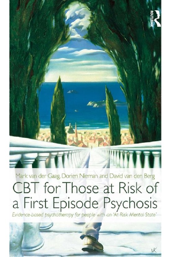 Boekomslag van 'CBT for Those at Risk of a First Episode Psychosis'. Een schilderij van een serre met uitzicht op zee.