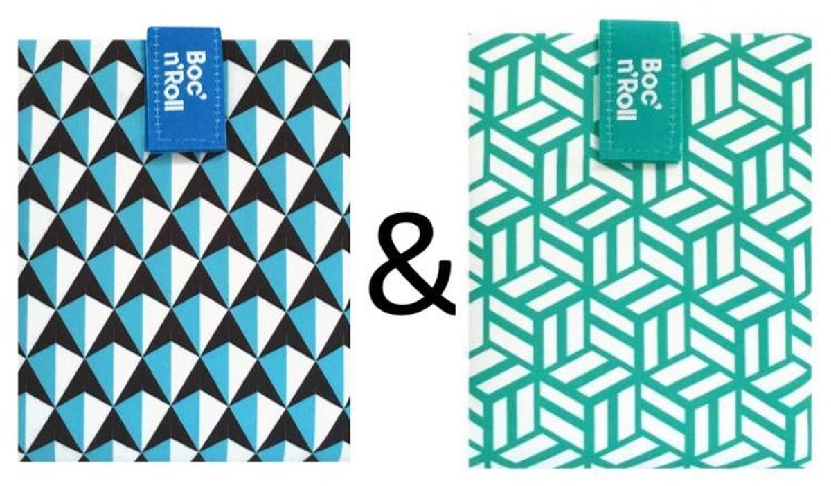 Boc’n’Roll Tiles Blauw - Groen - Herbruikbaar Boterhamzakje en Snackverpakking - Sluiting met klittenband - BPA-vrij - Waterdichte binnenlaag - Wasbaar tot 60°C