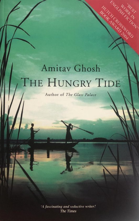 Boek 'The Hungry Tide' van Amitav Ghosh, met op de cover twee figuren in een boot op een waterlandschap.