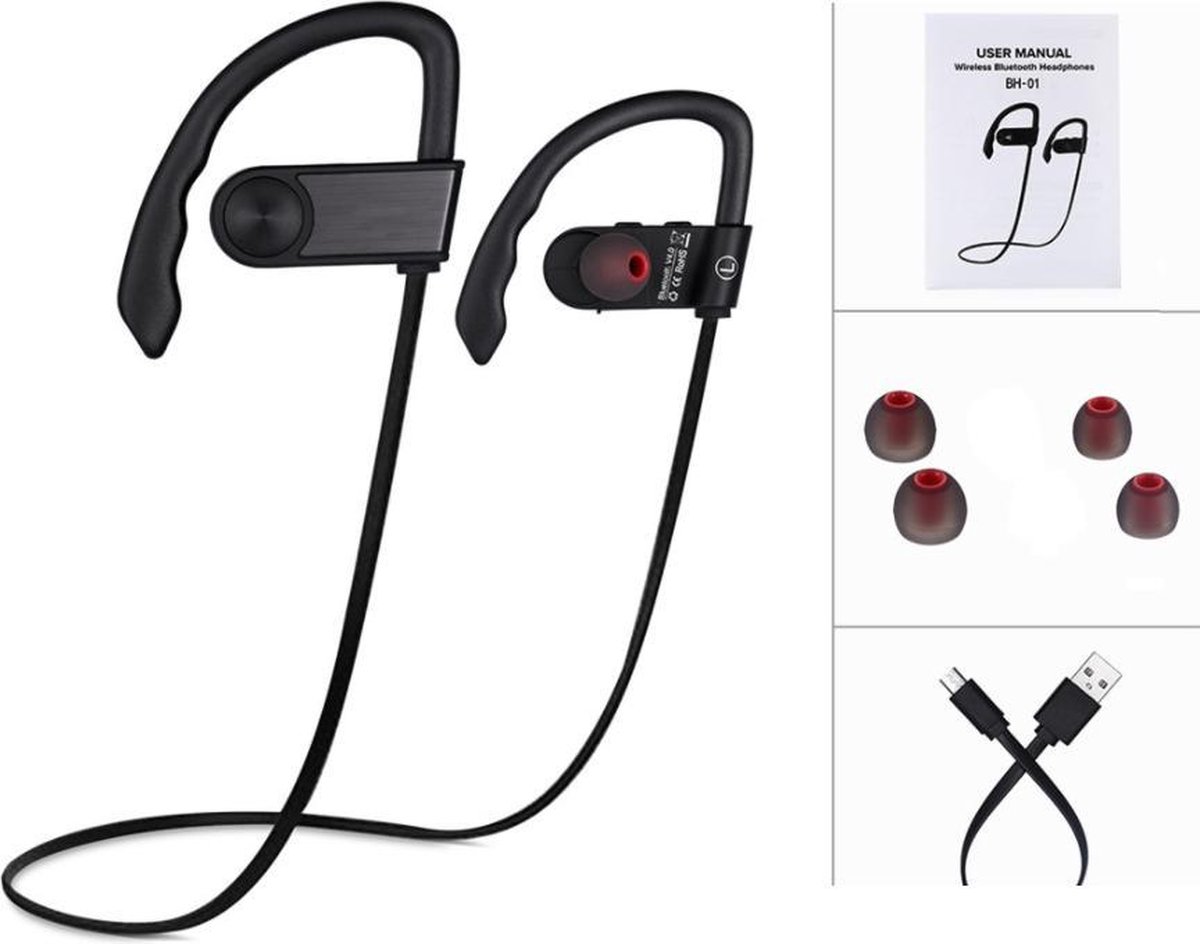 Draadloze bluetooth in ear sport oortjes headset - zweetbestendig - Zwart