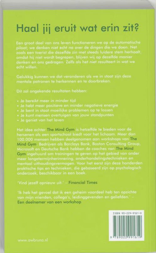 Achterkant van het boek 'The Mind Gym' met een groene achtergrond en witte tekst, inclusief ISBN.