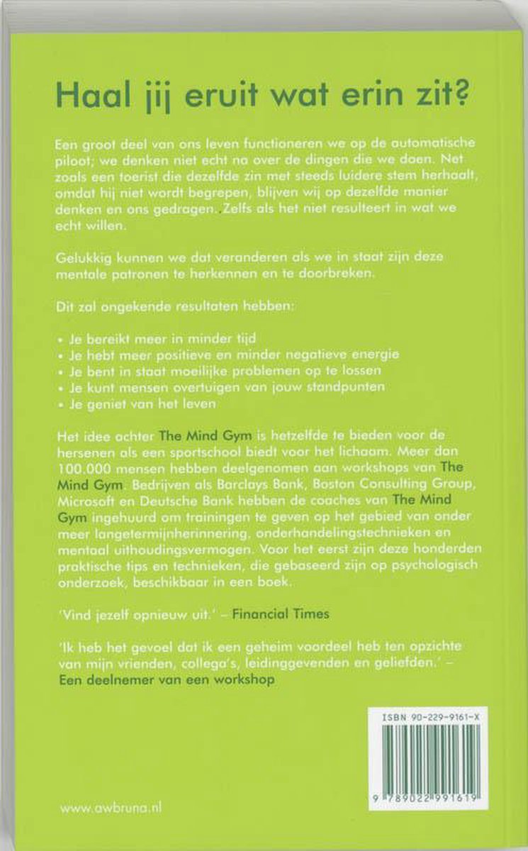 Achterkant van het boek 'The Mind Gym' met een groene achtergrond en witte tekst, inclusief ISBN.