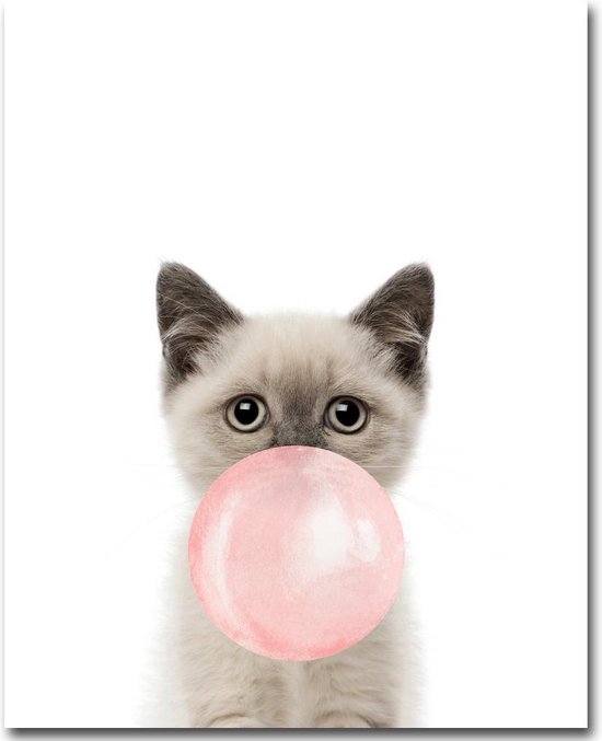 Postercity - Design Canvas Poster Poesje/Kitten met Roze Kauwgom / Kinderkamer / Muurdecoratie / 40 x 30cm / A3
