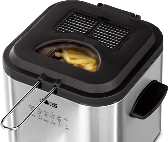 Princess Mini Friteuse en Fondue 182611 – 1.2 liter - Regelbare thermostaat – Geurfilter - Kijkvenster - Compact - 6 fonduevorken - Geschikt voor camping - 840W - geborsteld RVS