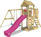 WICKEY Cadre d'escalade pour jardin MultiFlyer HD avec balançoire et toboggan violet, aire de jeux en bois, tour de jeu extérieure avec toit, bac à sable et échelle d'escalade pour enfants