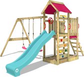 WICKEY speeltoestel klimtoestel MultiFlyer met schommel en turquoise glijbaan, outdoor kinderspeeltoestel met zandbak, ladder & speelaccessoires voor de tuin