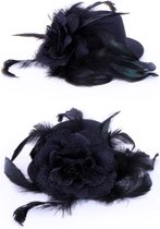 Mini hoedje met haarclip zwart met voile en veertjes per stuk