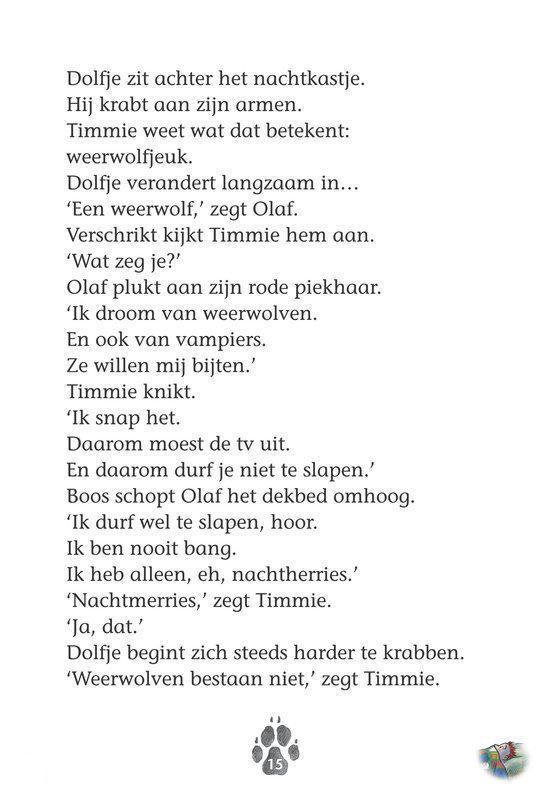 Bladzijde met tekst over Dolfje die verandert in een weerwolf. Onderaan staat een pootafdruk.