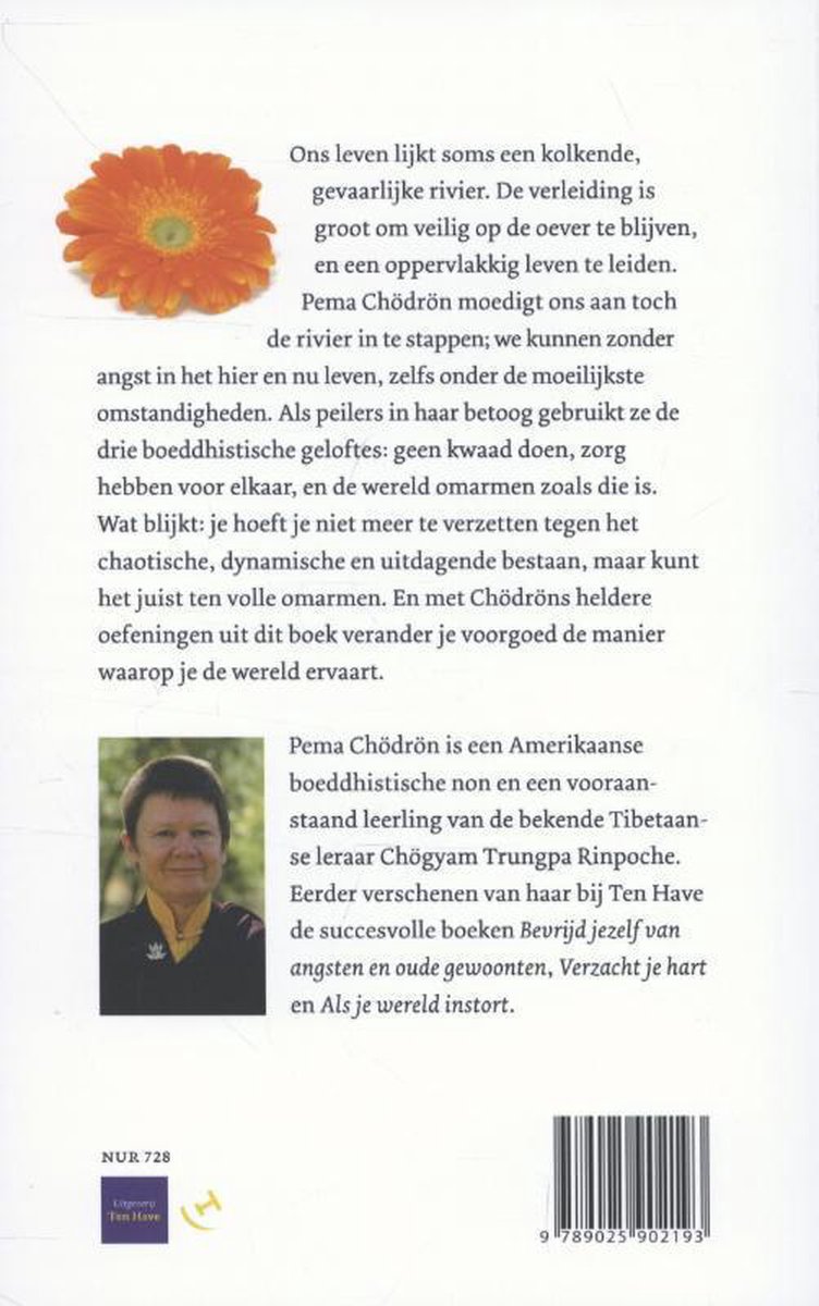 Boekomslag met een oranje bloem en een portret van Pema Chödrön. Tekst in het Nederlands.